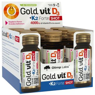 Olimp Gold-Vit D3 + K2 Forte Shot, szklana ampułka, smak malinowy, 9 x 25 ml - zdjęcie produktu