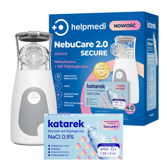 Helpmedi NebuCare 2.0 Secure, zestaw do nebulizacji, nebulizator siateczkowy NE-03C + roztwór soli fizjologiczny NaCl 0,9%, 5 ml x 40 ampułek USZKODZONE OPAKOWANIE - zdjęcie produktu