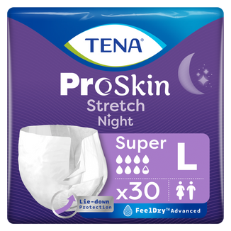 Tena Stretch ProSkin Super Night, pieluchomajtki, rozmiar L, 103-140 cm, 30 sztuk - zdjęcie produktu