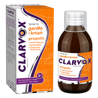 Clarvox Syrop na gardło i krtań dla dorosłych i dzieci od 3 lat, propolis, 200 ml USZKODZONE OPAKOWANIE - zdjęcie produktu