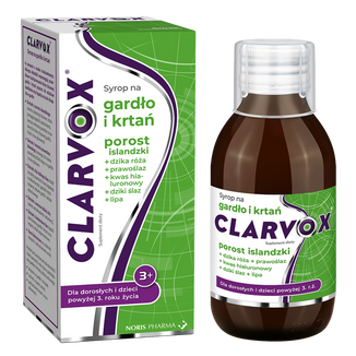 Clarvox Syrop na gardło i krtań dla dorosłych i dzieci od 3 lat, porost islandzki + róża, smak truskawkowy, 200 ml - zdjęcie produktu