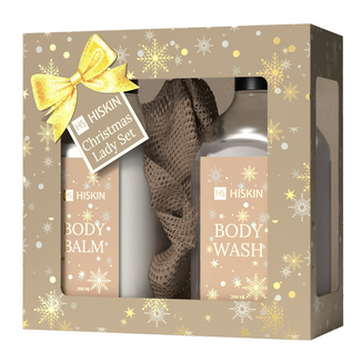 Zestaw Hiskin Christmas Lady Set, żel pod prysznic, 200 ml + balsam do ciała, 200 ml + beżowa myjka do ciała - zdjęcie produktu