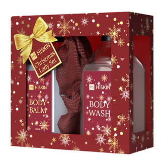 Zestaw Hiskin Christmas Lady Set, żel pod prysznic, 200 ml + balsam do ciała, 200 ml + bordowa myjka do ciała - zdjęcie produktu