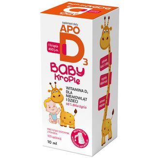 ApoD3 Baby Krople, witamina D3 400 j.m. dla niemowląt i dzieci od 1 dnia życia, 10 ml USZKODZONE OPAKOWANIE - zdjęcie produktu