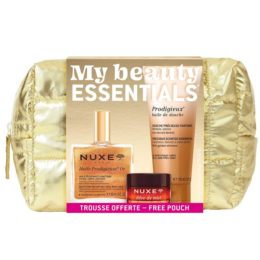 Nieznana Zestaw Nuxe My Beauty Essentials, suchy olejek ze złotymi drobinkami, 50 ml + balsam do ust z miodem, 15 g + olejek pod prysznic, 100 ml + kosmetyczka