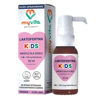 MyVita Laktoferyna Kids, krople, od 6 miesiąca, 20 ml MyVita Laktoferyna Kids, krople, od 6 miesiąca, 20 ml - zdjęcie produktu