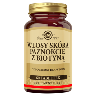 Solgar Włosy Skóra Paznokcie z biotyną, 60 tabletek Solgar Włosy Skóra Paznokcie z biotyną, 60 tabletek - zdjęcie produktu