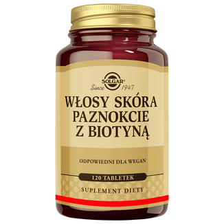Solgar Włosy Skóra Paznokcie z biotyną, 120 tabletek Solgar Włosy Skóra Paznokcie z biotyną, 120 tabletek - zdjęcie produktu