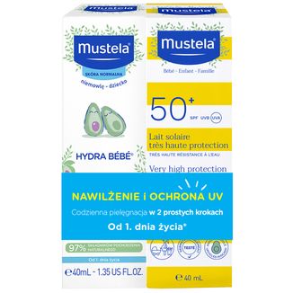 Zestaw Mustela Sun Nawilżenie i Ochrona, mleczko przeciwsłoneczne, SPF 50+, 40 ml + krem do twarzy, od urodzenia, 40 ml - zdjęcie produktu