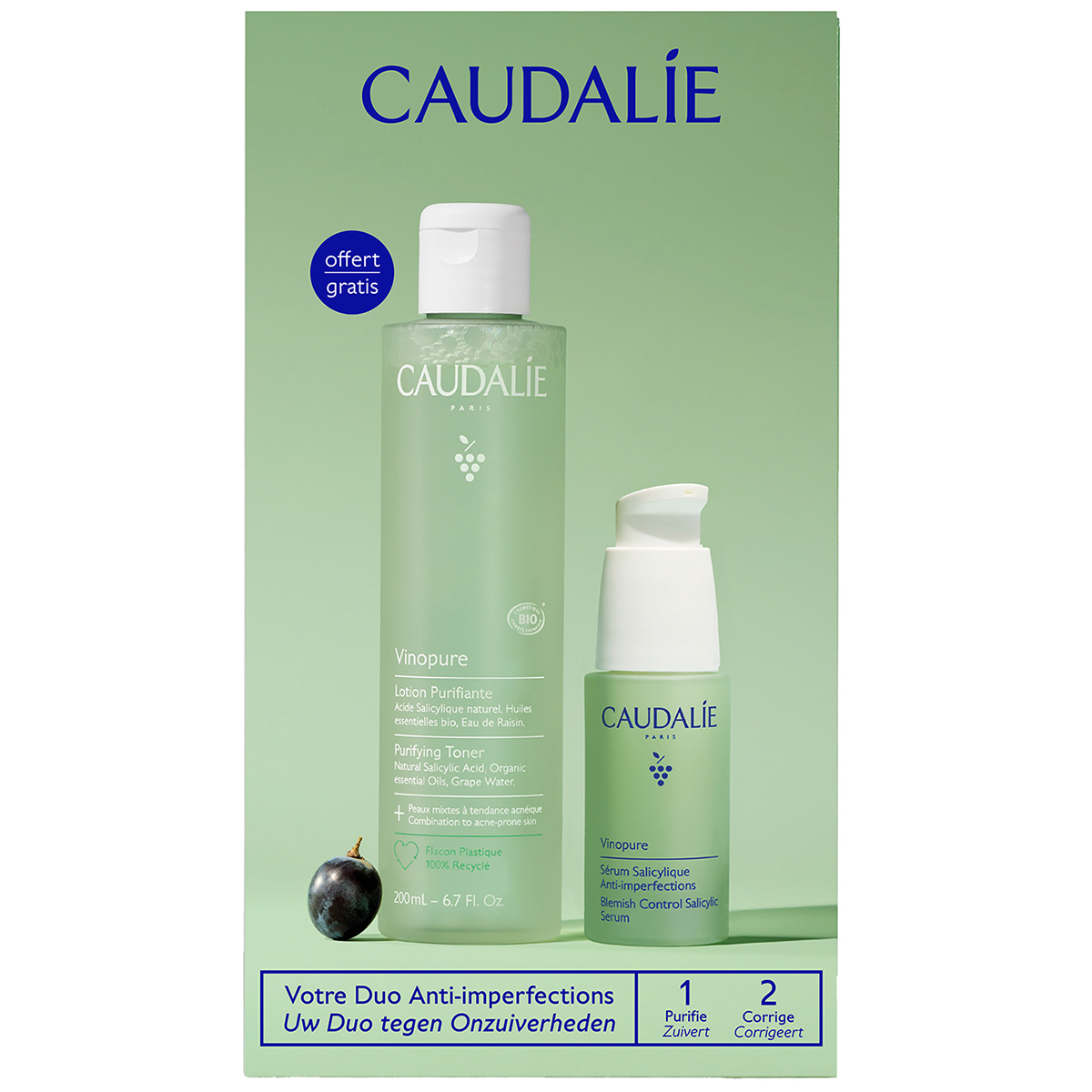Nieznana Set Caudalie Vinopure, Tonikum reinigend, 200 ml + serum mit Salicylsäure, 30 ml — Inhaltsstoffe und Bewertung