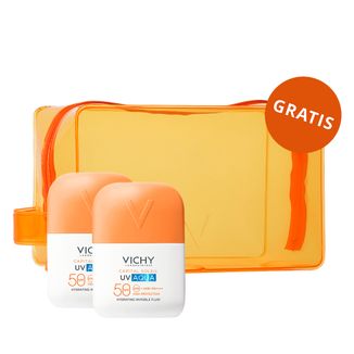 Zestaw Vichy Capital Soleil UV-Aqua, ochronny fluid nawilżający do twarzy, SPF 50, 2 x 50 ml + plastikowa kosmetyczka summer gratis - zdjęcie produktu