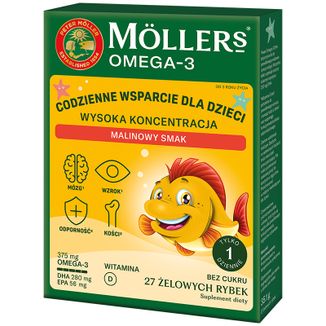 Moller's Omega 3 Rybki Wysoka Koncentracja, żelki, smak malinowy, 27 sztuk - zdjęcie produktu