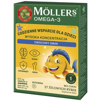 Moller's Omega 3 Rybki Wysoka Koncentracja, żelki, smak owocowy, 27 sztuk - zdjęcie produktu
