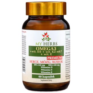 My Herbs Omega 3 z witaminami D3, K2 MK7, E, 60 kapsułek My Herbs Omega 3 z witaminami D3, K2 MK7, E, 60 kapsułek - zdjęcie produktu