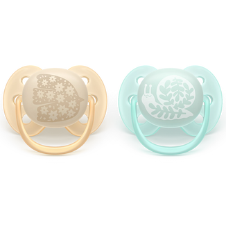 Avent Ultra Soft Forest Friends, smoczek uspokajający, 0-6 miesięcy, silikonowy, symetryczny, żółty, niebieski, 2 sztuki - zdjęcie produktu