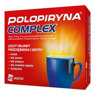 Polopiryna Complex 500 mg + 15,58 mg + 2 mg, proszek do sporządzania roztworu doustnego, 20 saszetek Polopiryna Complex 500 mg + 15,58 mg + 2 mg, proszek do sporządzania roztworu doustnego, 20 saszetek - zdjęcie produktu